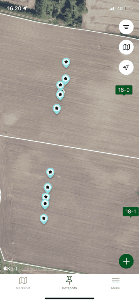Billede 8. Hotspot af faldfælders placering i marken.